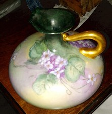 Antique J P L Limoges France Violets With Gold Gilt  Squat Pitcher 1890-1932