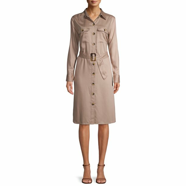 khaki utility shirt dress Pleated Utility Shirtdress