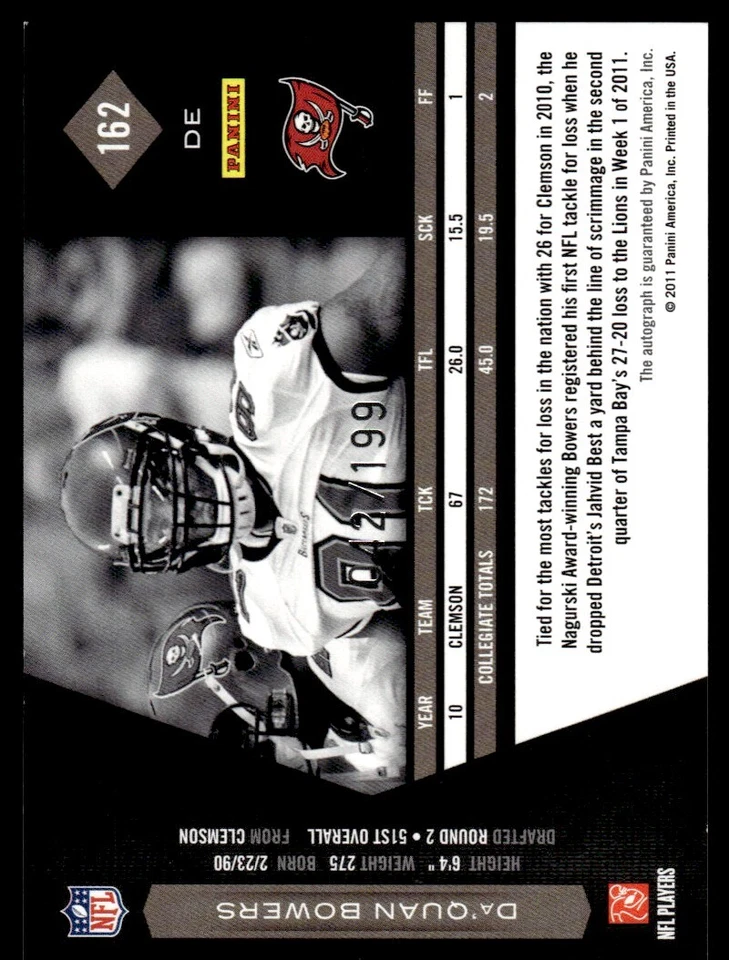 2011 Panini Limited Phenoms Da'Quan Bowers Auto RC /199 Bucs #162 *Noles2148* - Image 2 of 2