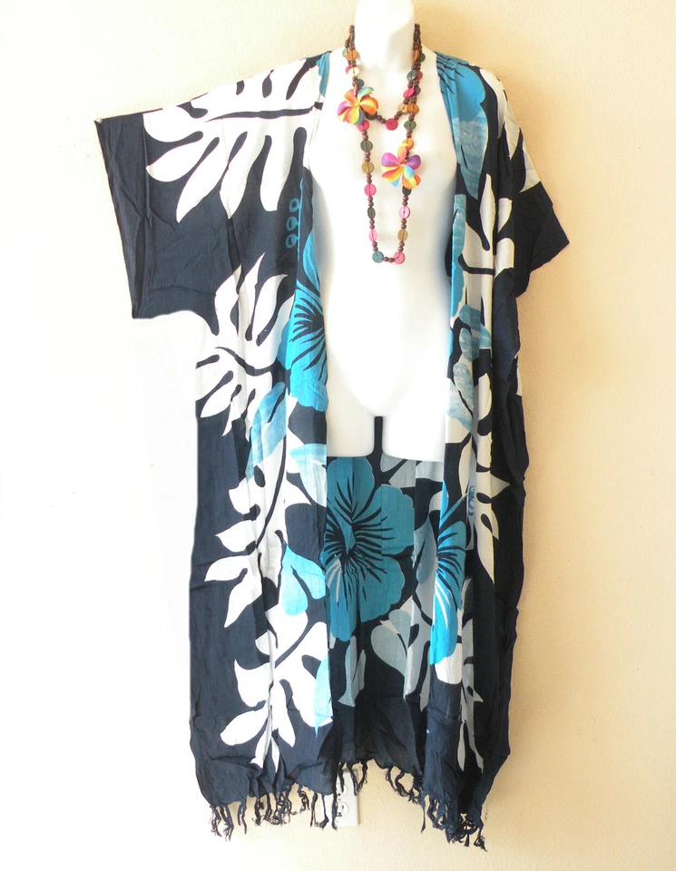 Cárdigan largo plumero abierto talla grande batik rayón floral azul CD703 hasta 5X