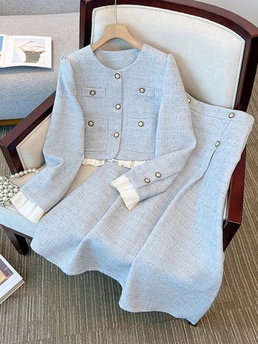 Autumn Winter French Tweed 2Piece Set Short Jacket Coat + Woven Long Skirt Suits - Picture 7 of 19