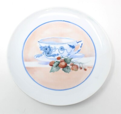 8 1/4'' PLATE HAND PAINTED WITH STRAWBERRIES AND A TEACUP SIGNED JEAN HELM