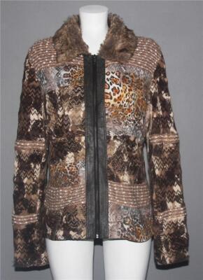 Alberto Makali Crocheted Patchwork Leopard Faux Fur Collar Zipper Jacket Wm's XL