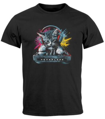 Herren T-Shirt Techno DJ Katze Electronic Music Rave Festival Printshirt