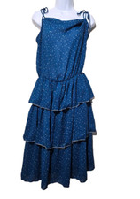 Vtg Farouche Midi Dress 7 Blue Tiered Floral Cottagecore Retro Bloomcore Sheer