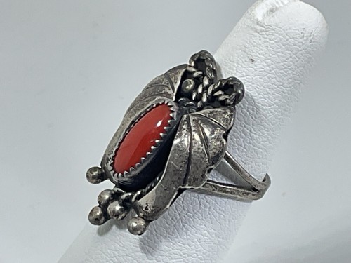 Vintage Native American Coral Ring Silver Ring Size 5 Mint Mark =. JT - Picture 3 of 3