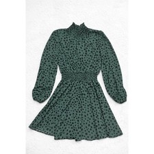 Women’s Green Leopard Print Long Sleeve Dress Smocked Waist Mini