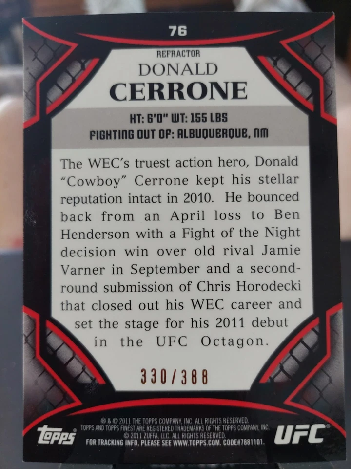Donald Cerrone #76 Debut 2011 Topps UFC Finest X-Refractor #330/388 - Image 2 of 2