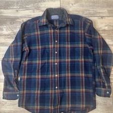 Vintage 80s Pendleton Wool Button Up Plaid Flannel Blue Green Made In USA Size M