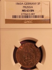 GERMAN STATES PRUSSIA 3 PFENNIG 1860-A MS-63BN NGC