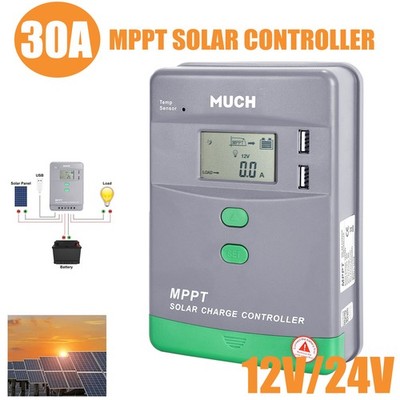 30A MPPT Solar Panel Charge Controller 12V/24V Auto Tracking LCD Regulator Dual