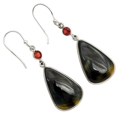 Natural Blue Tiger Eye & Garnet 925 Sterling Silver Earrings Jewelry E-1002