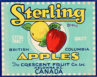 STERLING Brand Ex. Fcy Canadian Apples Original Fruit Crate Label Kelowna, B.C.
