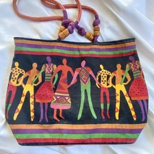 VTG Canvas Multicolor Beach Tote Bag Bold African Graphic Colorful Folk Colorful