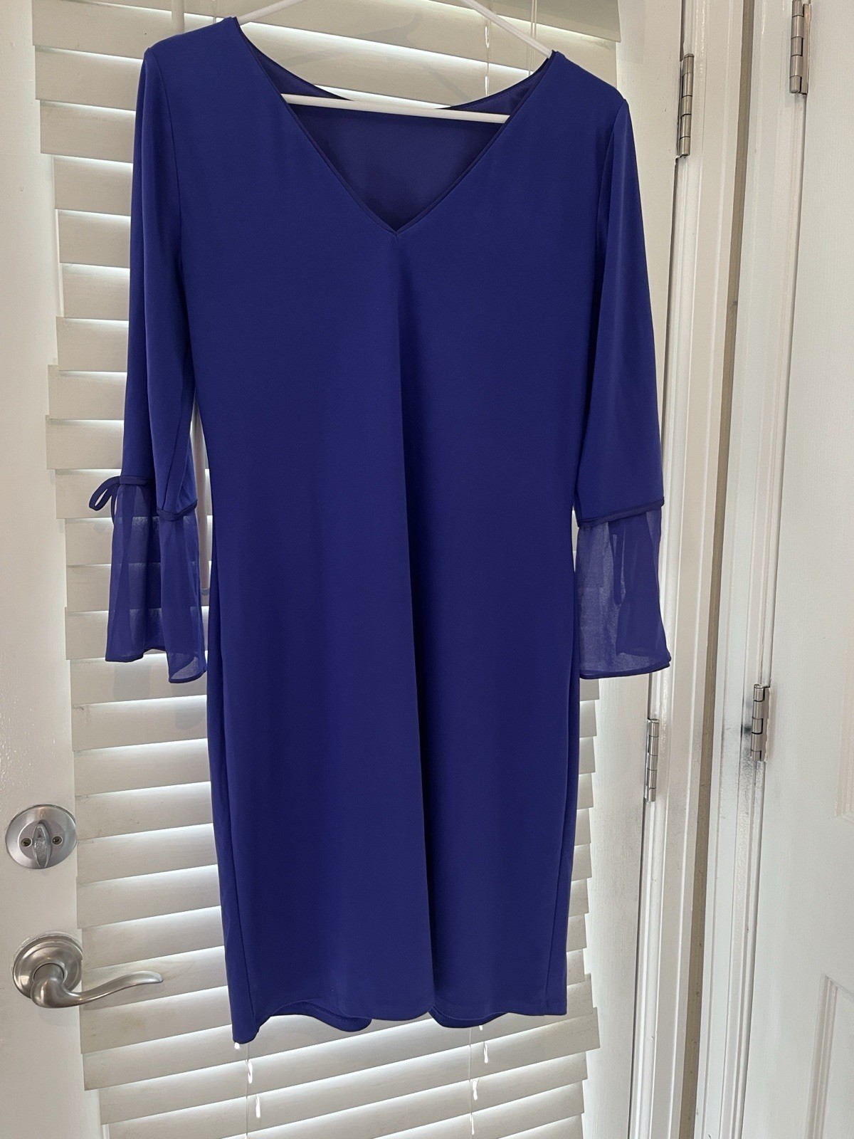 White House Black Market Blue V-Neck Shift Dress MP Petite Tie Cuffs