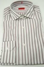 Isaia Deep Garnet White Striped Long Sleeve Cotton Dress Shirt 15.5/39 NEW