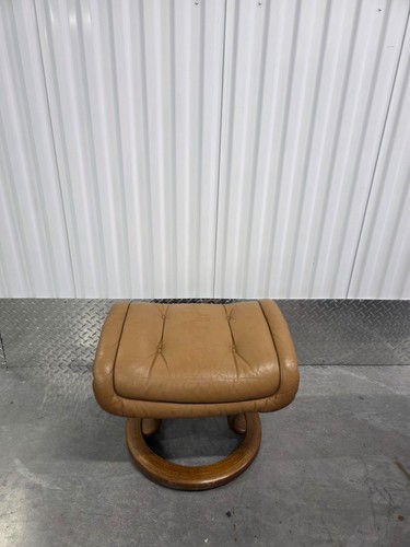 Ekornes Stressless Tan Colored Leather Ottoman | Teak Stained Wood Base