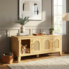 Rattan Wooden Dog Crate Cabinet w/ Storage Rubber Wood 4 Door Kennel
