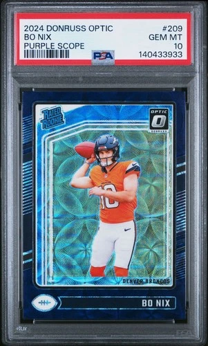 2024 Panini Donruss Optic Bo Nix Purple Scope Prizm Rookie #209 PSA 10 Gem