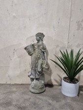 Vintage Statue Maiden Holding Basket Classical Weathered Garden Ornament