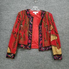 Niteline Della Roufogali Jacket Womens M Medium Red Open Front Crop Silk Sequin