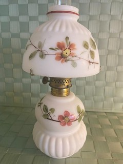 Antique Scarce 1890s Miniature oil lamp Baby McKee Pink floral NO RESERVE