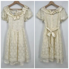 Vtg Gunne Sax Jessica McClintock Lace Satin Dress Girl L 10-12  Ivory Cream READ