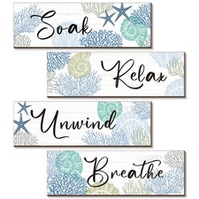 4 Pcs Ocean Beach Bathroom Wall Decor, 11x3.5 Ocean Wooden Signs