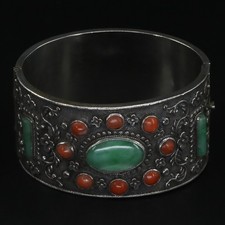 VTG Sterling Silver BEE Coral & Jade Flower 6.5