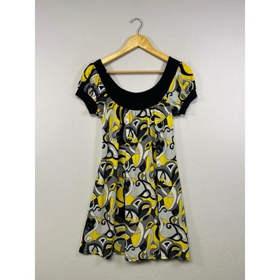 Retro Psychedelic Y2K XOXO Womens Size M Yellow Black Abstract Puff Sleeve Tunic
