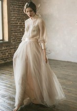 Vintage champagne evening dress, long-sleeved, A-line, formal,tulle