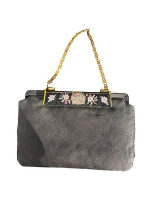 B B Berger Vintage Black Satin Evening Bag With Beaded Floral Accent 