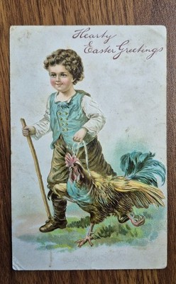 Postkarte Ostern 1906, Junge mit Hahn geprägt Herzliche Grüße