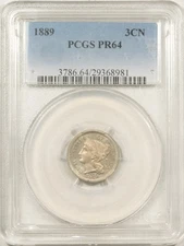 1889 PROOF THREE CENT NICKEL - PCGS PR-64, FINAL YEAR OF ISSUE, FRESH & ORIGINAL