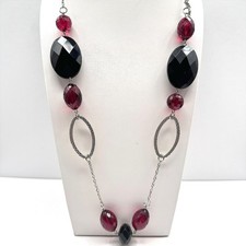 Vintage 90s Black & Red Beaded Necklace Silver Tone Statement Fashion Jewelry