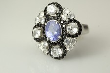 925 Sterling Silver Blue Center Stone w/Clear  Black CZ Ring 5.4 Grams RIN8079 
