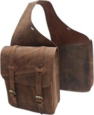 Leather Horse Saddle Bag, Brown, Double Pouch with Brass Buckles, Western Trail