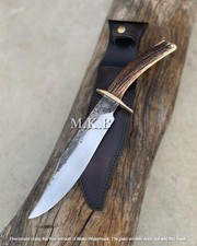 COLTELLO SOPRAVVIVENZA BOWIE CACCIA ACCIAIO AL CARBONIO FATTO A MANO PERSONALIZZATO MANICO CERVO CON FODERO