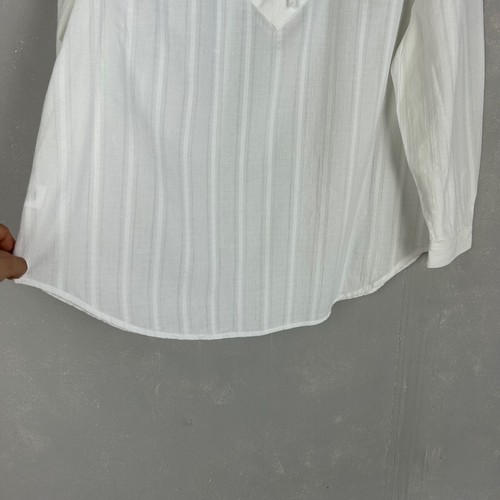 LOFT size L white blouse ruffle neck stripe texture lightweight cotton 3/4 sleev - Picture 5 of 11