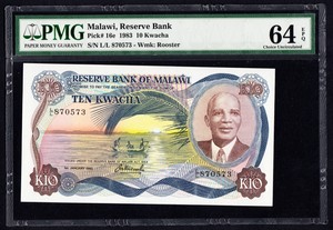 Malawi-Africa-1983-10-Kwacha-P-16e-PMG-64-Choice-UNC-EPQ-RARE