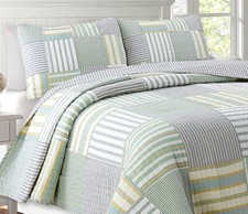 BEACH GREEN BLUE STRIPE 3pc Queen QUILT SET : COZY 100 COTTON NAUTICAL PLAID