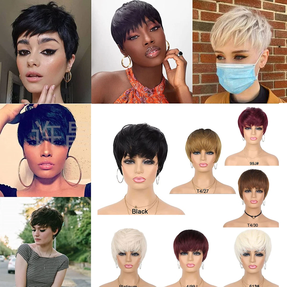 Fashion Short Cut Wigs Black White Blonde Wigs Burgundy Pixie Cut