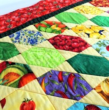 VTG Handmade Lap Quilt Wall Hanging 51 x 31 Colorful Fruit Vegetable Patchwork