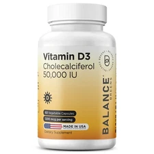 Vitamin D3 50,000 IU - 60 Veg Capsules - High Potency Gluten - Balance Breens