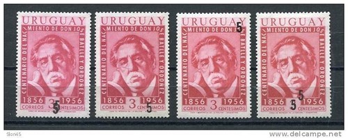 Uruguay 1958 Sc 626 MNH Overprint RARE varieties (x4). Only 100 each known.