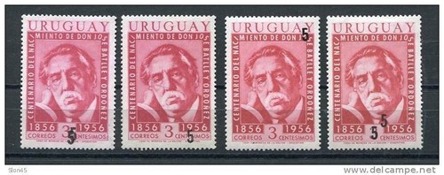 Uruguay 1958 Sc 626 MNH Overprint variétés RARES (x4). Seulement 100 chacun connu. - Photo 1/2