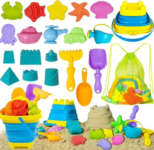 Beach Toy Sand Toy Set for Kids Silicone Foldable Sand Bucket with Summer Mesh B