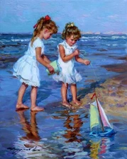Two little girls at the seaside Oil Painting Giclee Art Printed on canvas L2709
