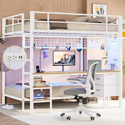 Metal Bunk Bed Full Over Twin Size with Charging Station Led Lights Desk Drawers