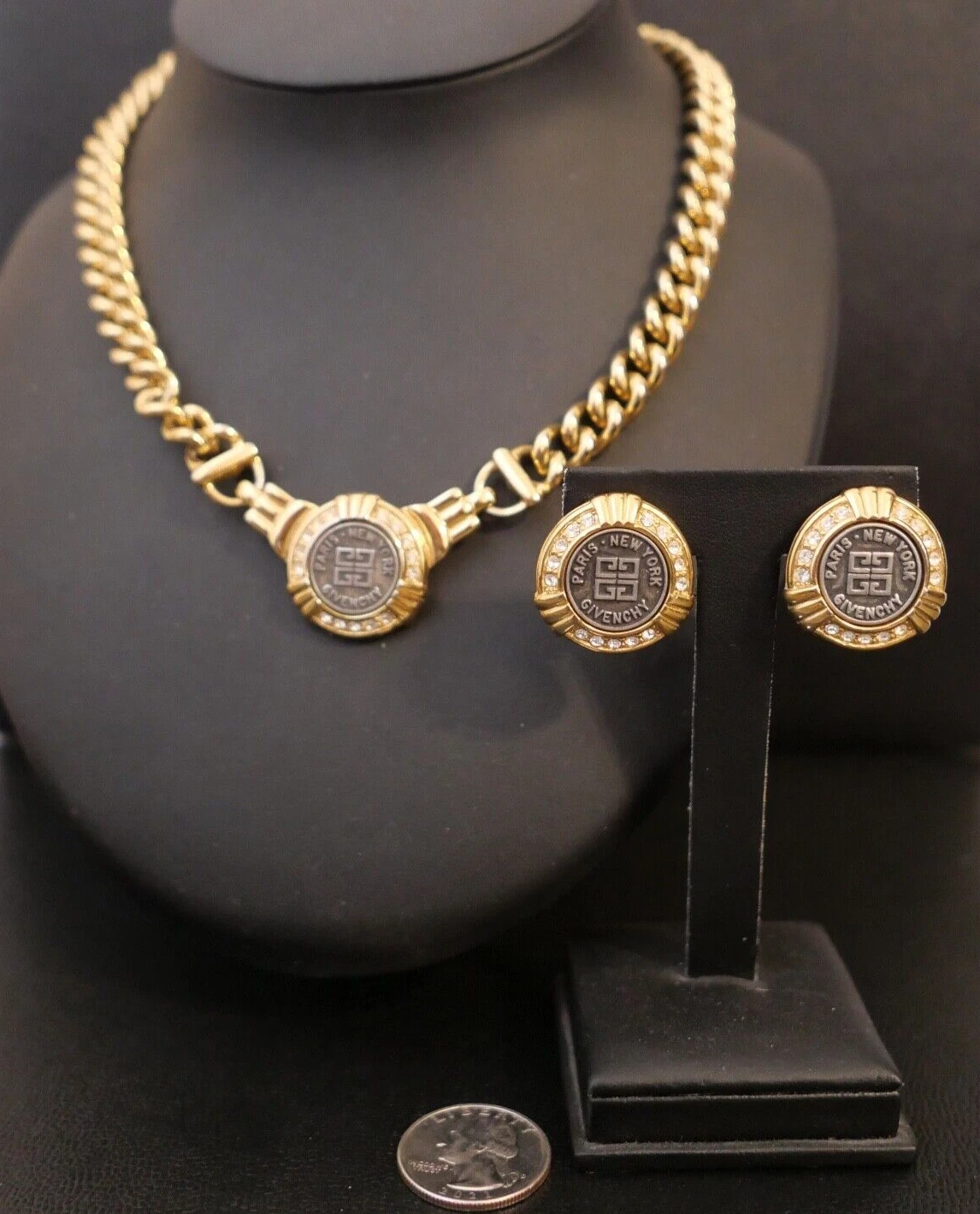 Vintage GIVENCHY Set orecchini e collana di design con clip tono oro cristallo RARO